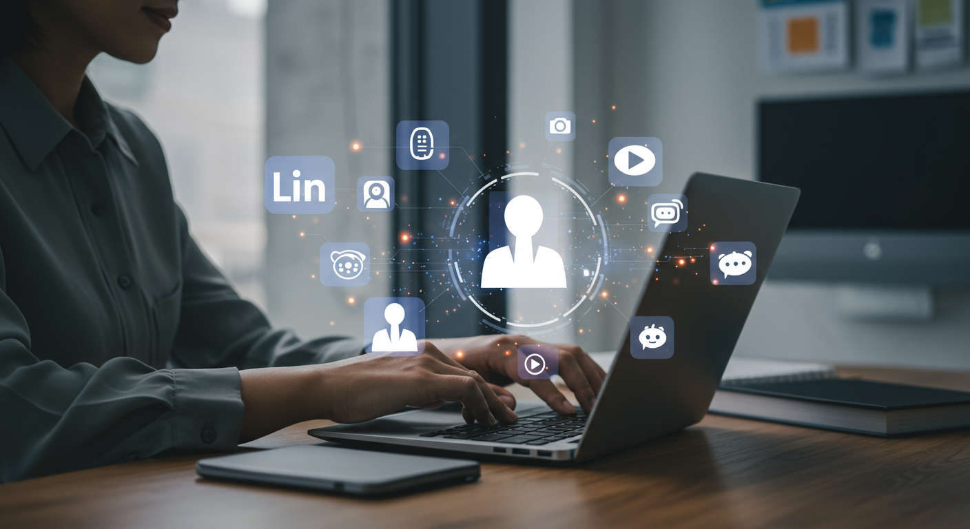 Small business owner using an AI virtual employee on a laptop with social media icons floating around representing LinkedIn, Facebook, Reddit, and video scripts in a modern office setting