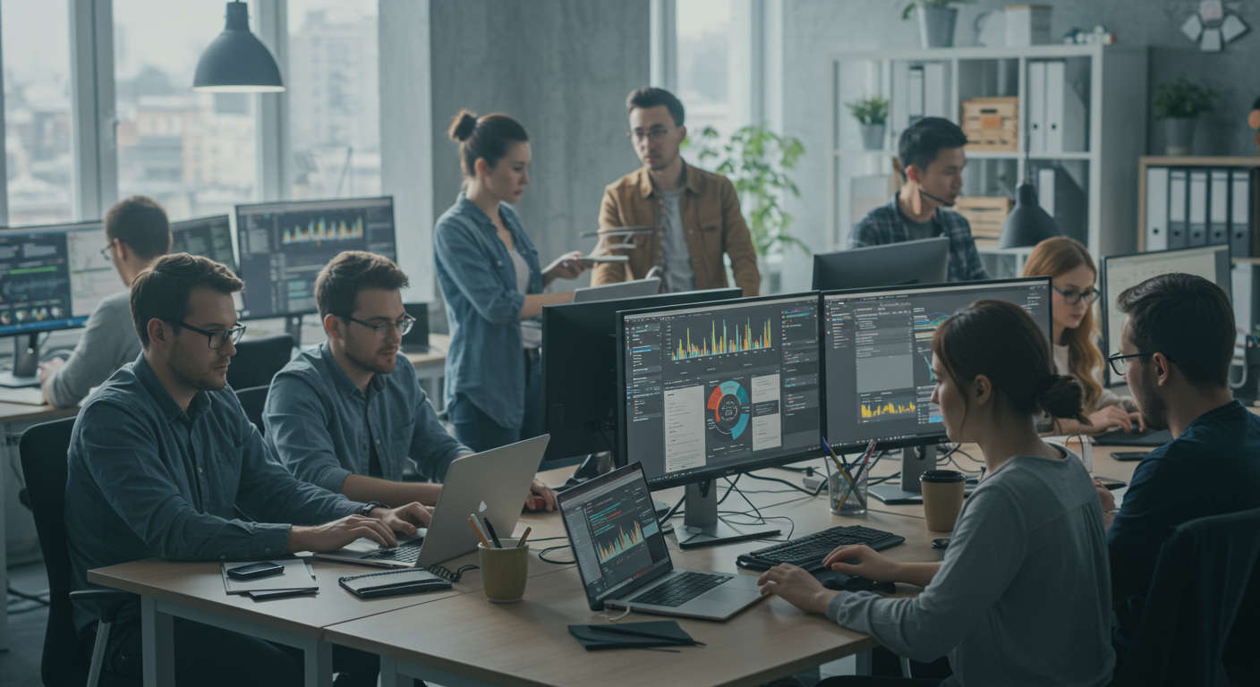 A busy office environment showing team members working on SEO and digital marketing strategies using computers and data analytics screens