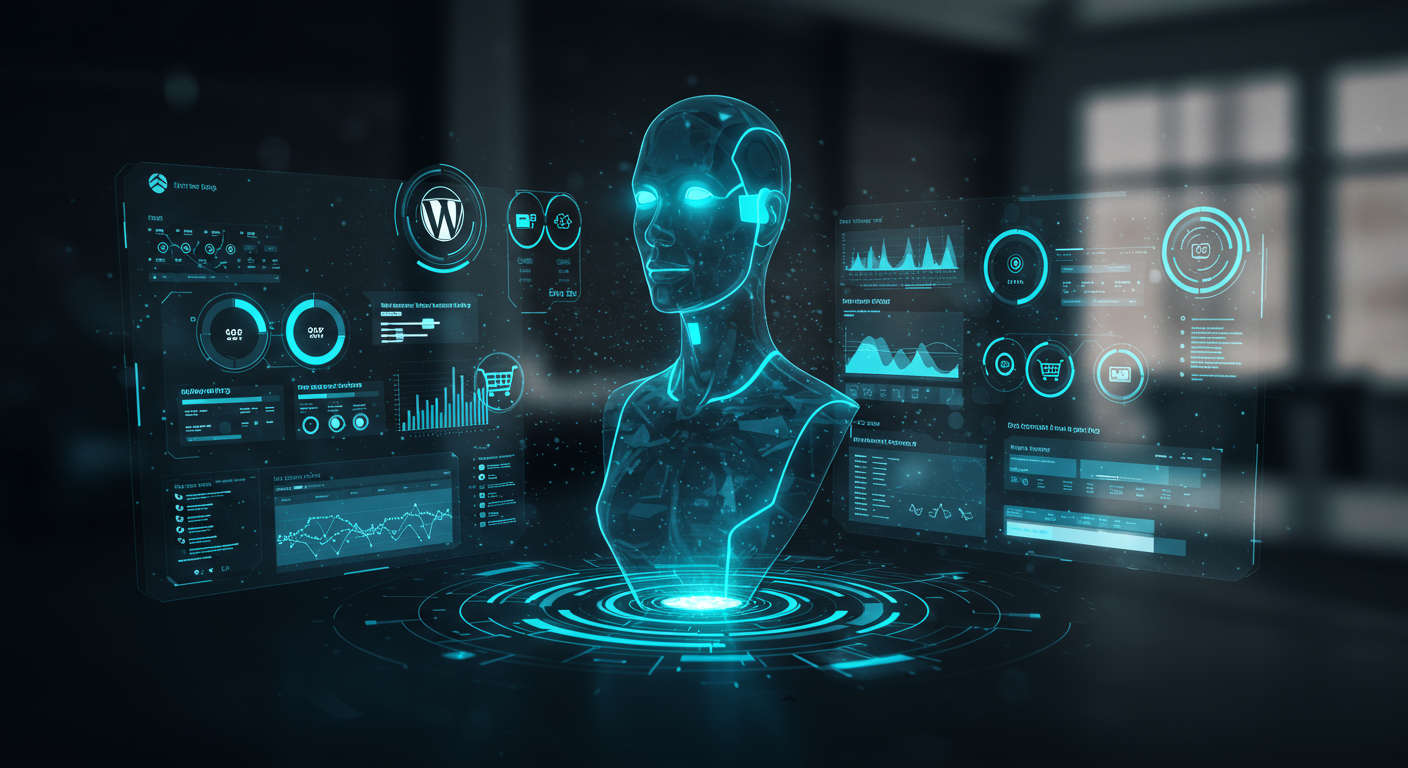 Modern AI virtual employee interface showing integration with WordPress and Shopify platforms with business automation theme