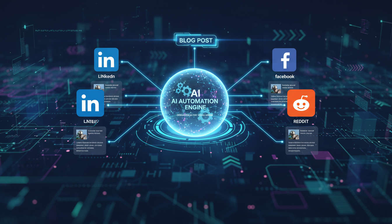 Digital marketing workflow showing AI-driven automation producing social media posts from a blog post with icons for LinkedIn, Facebook, and Reddit