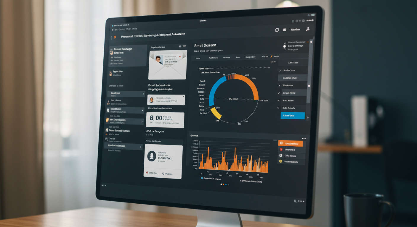 AI-powered email marketing automation dashboard showing personalised campaigns, email subject line optimisation, and customer engagement analytics, vibrant interface on computer screen