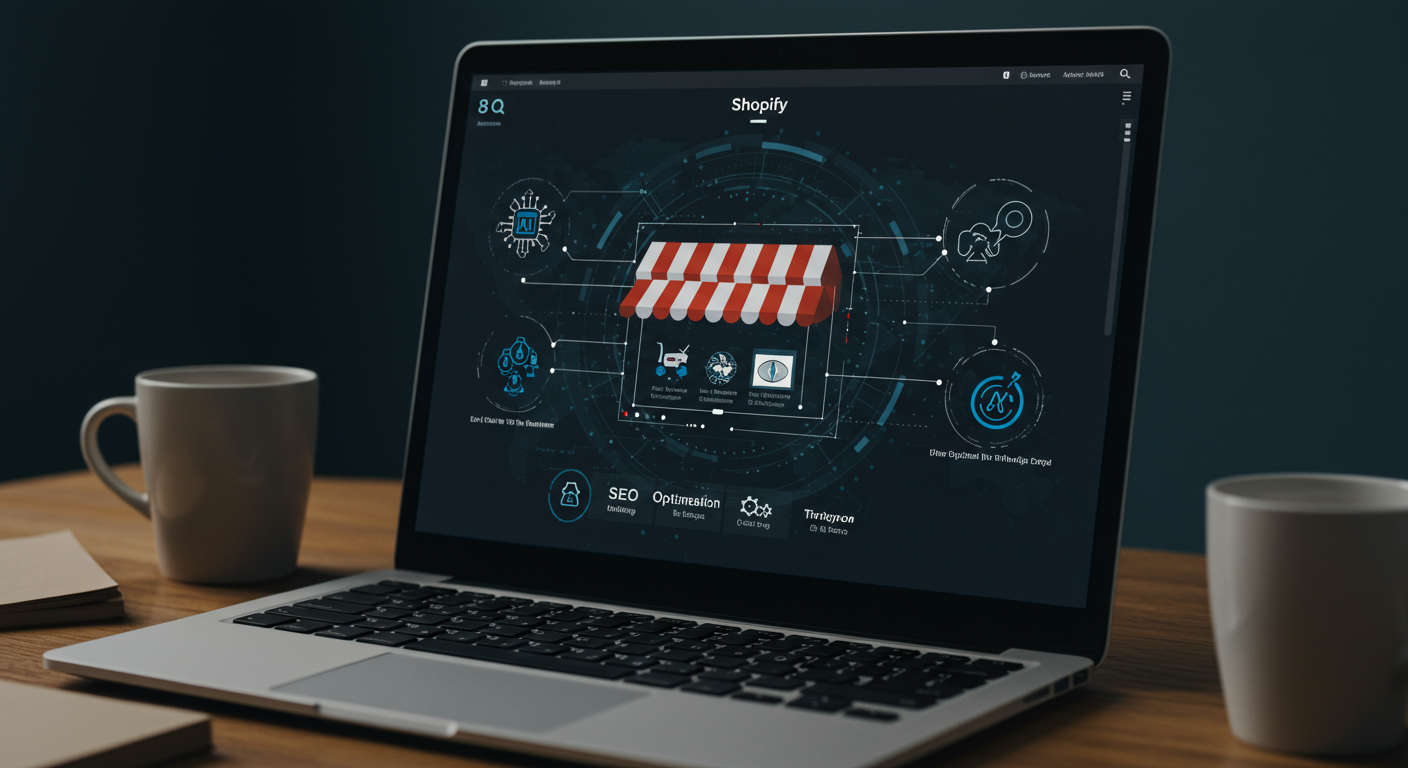 Modern Shopify e-commerce store interface with AI automation and SEO optimisation symbols on a laptop screen