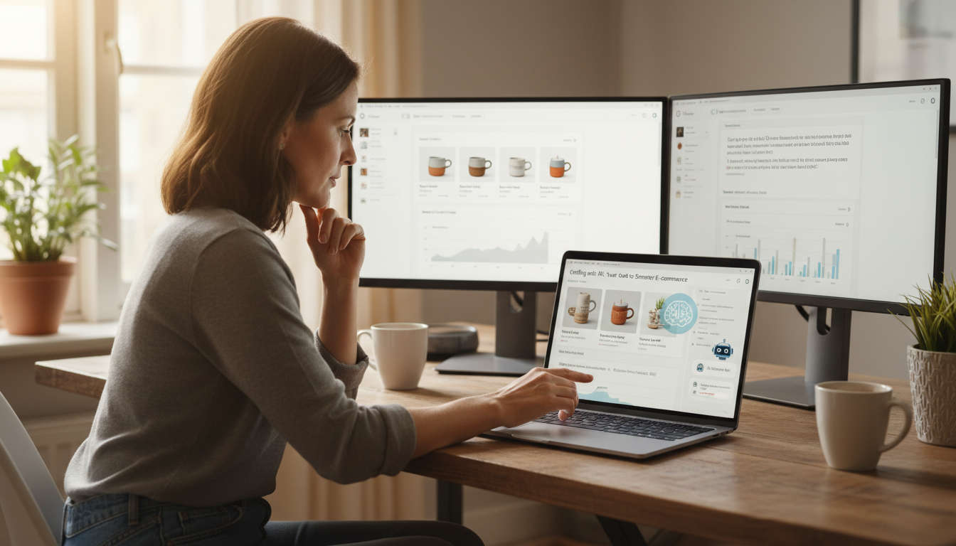 Small business owner using AI tools on laptop managing Shopify store and WordPress blog with SEO metrics and AI agent assistance