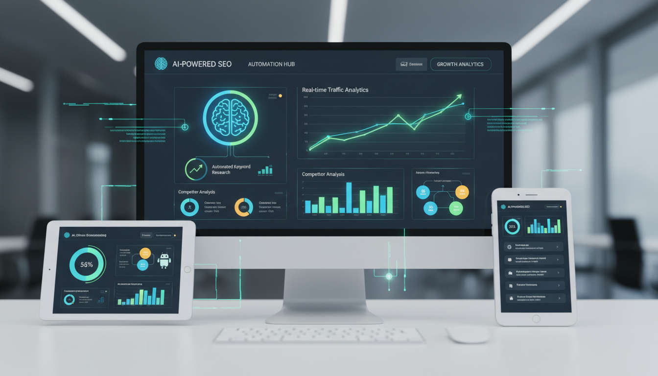 Modern AI-powered SEO dashboard with charts and graphs displayed on computer and mobile devices, symbolising automation and real-time analytics for small businesses and startups.