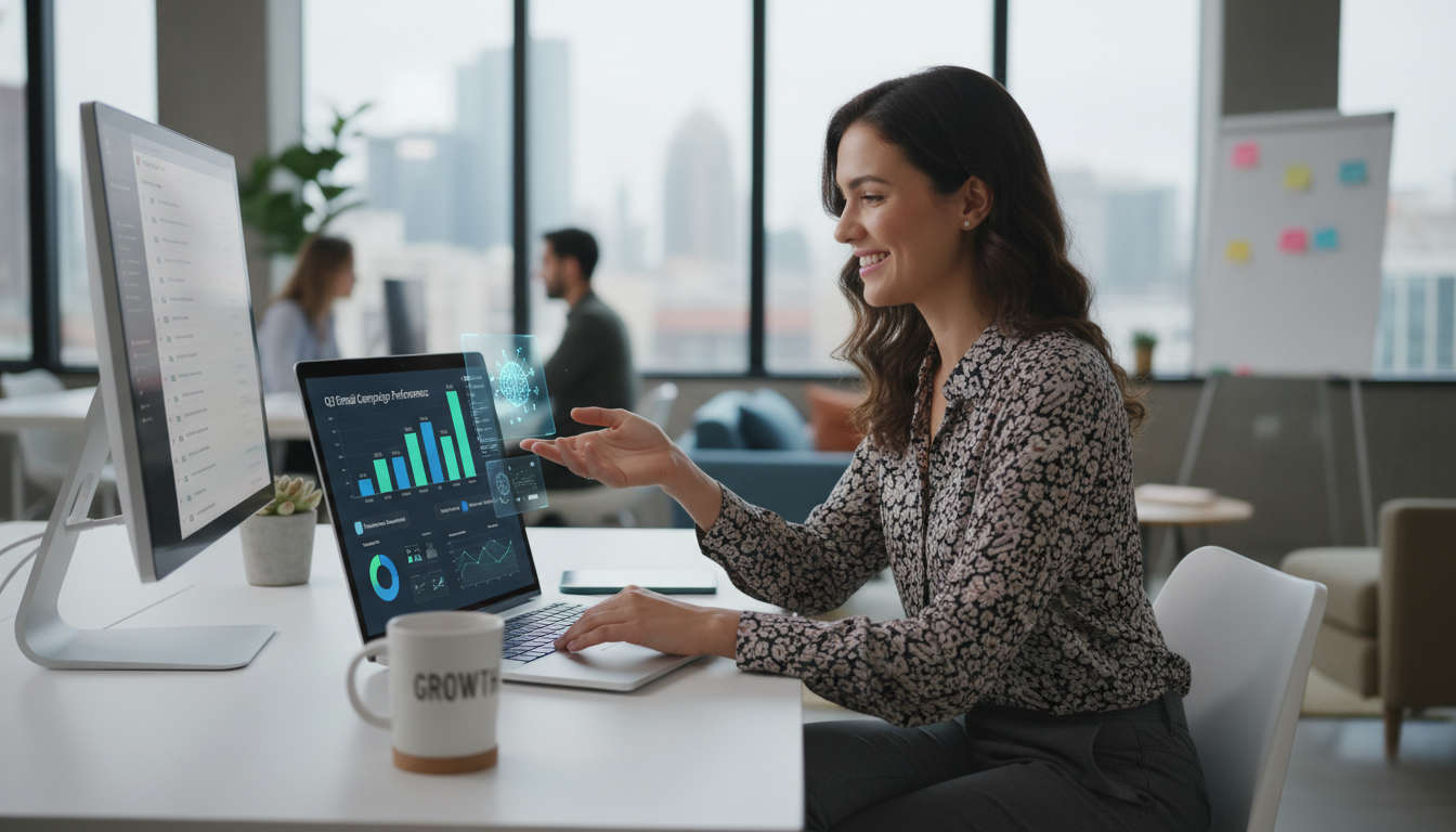Small business owner using AI email marketing automation on a laptop, visualising email campaigns with graphs and data analytics in a modern office environment