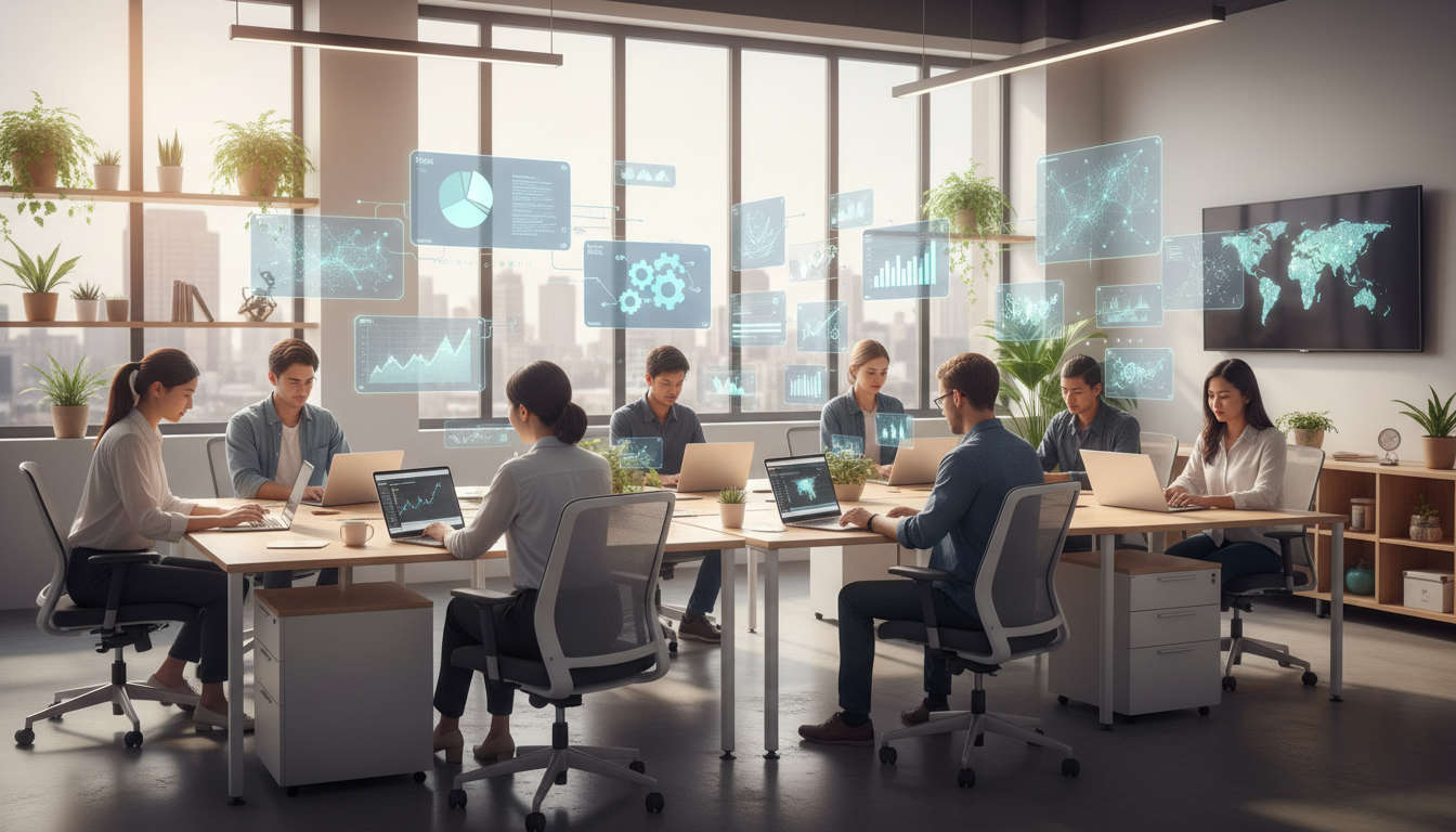 A modern small business office with a diverse team working on laptops surrounded by AI and data visualisation graphics, symbolising AI automation and productivity improvement for SMBs