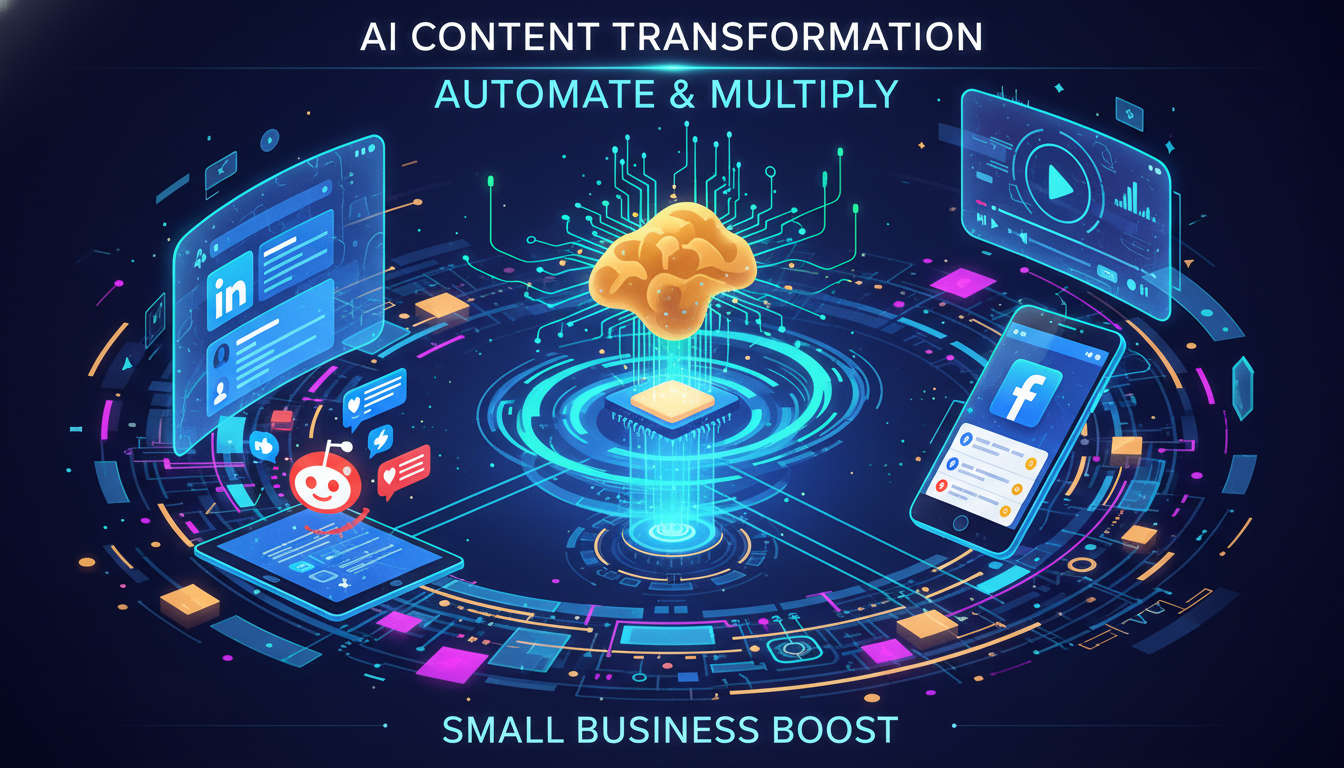 Abstract digital marketing concept with AI transforming content into multiple social media formats representing automation and multi-channel repurposing for SMBs