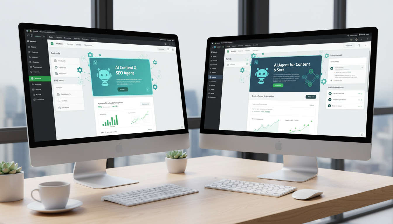 Shopify and WordPress dashboards displaying AI agent integration automating content creation and SEO optimisation, with charts and automation icons in a modern workspace