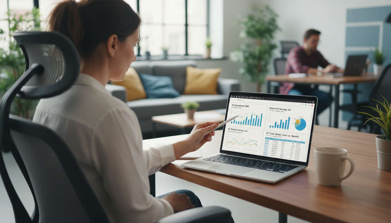 A small business owner analysing financial charts and data on a laptop, showing ROI calculations on AI investments