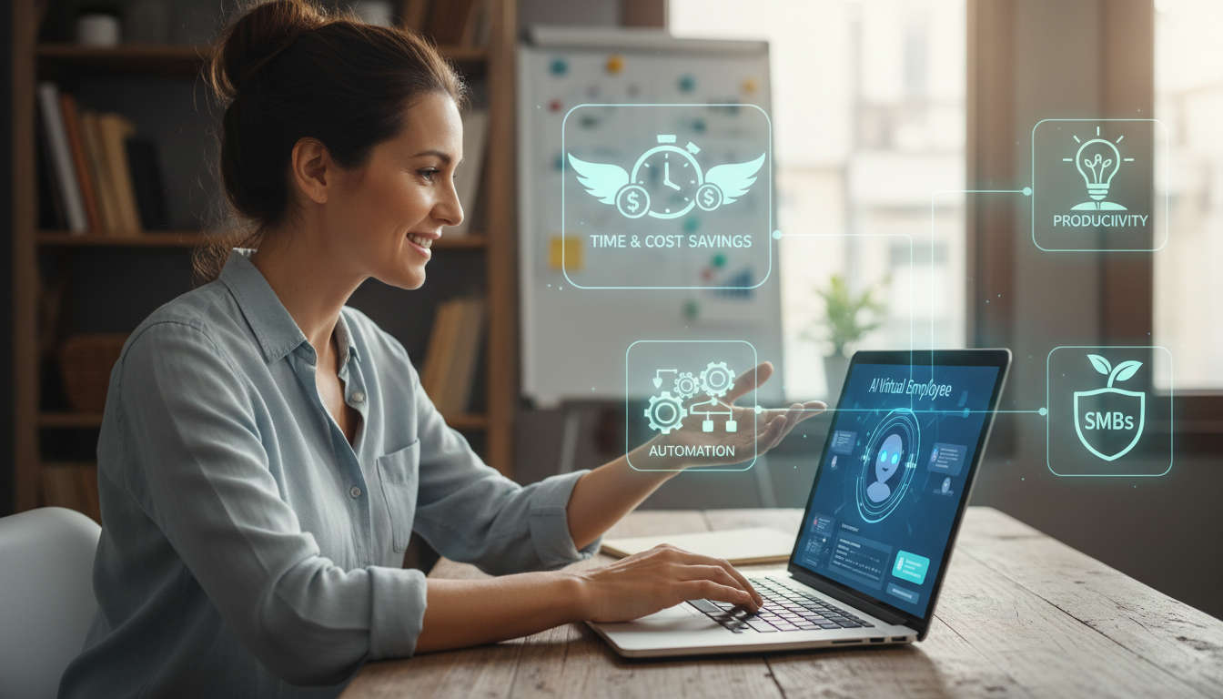 Small business owner using an AI virtual employee platform on a laptop, symbolising time and cost savings, automation, and productivity for SMBs