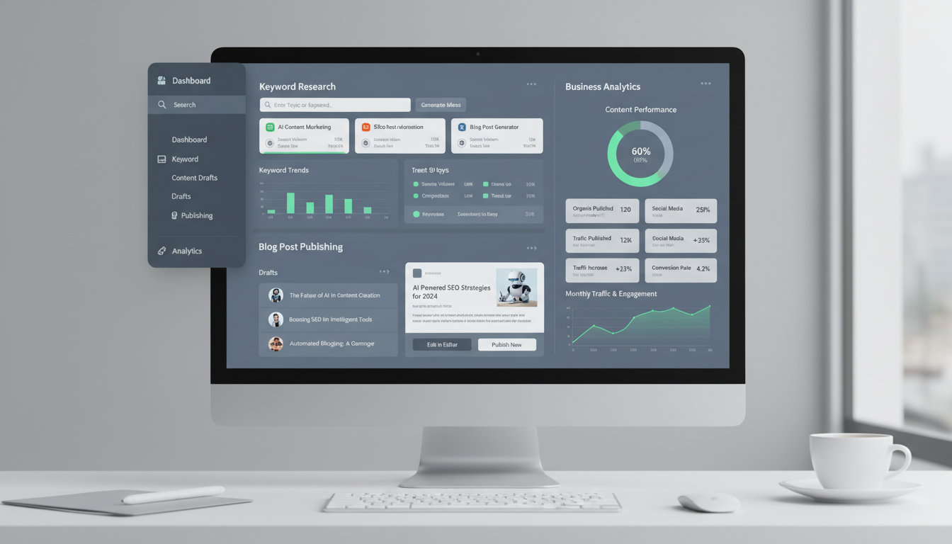 Dashboard view of AI content agent showing keyword research and blog post publishing, modern UI, clean design, business analytics