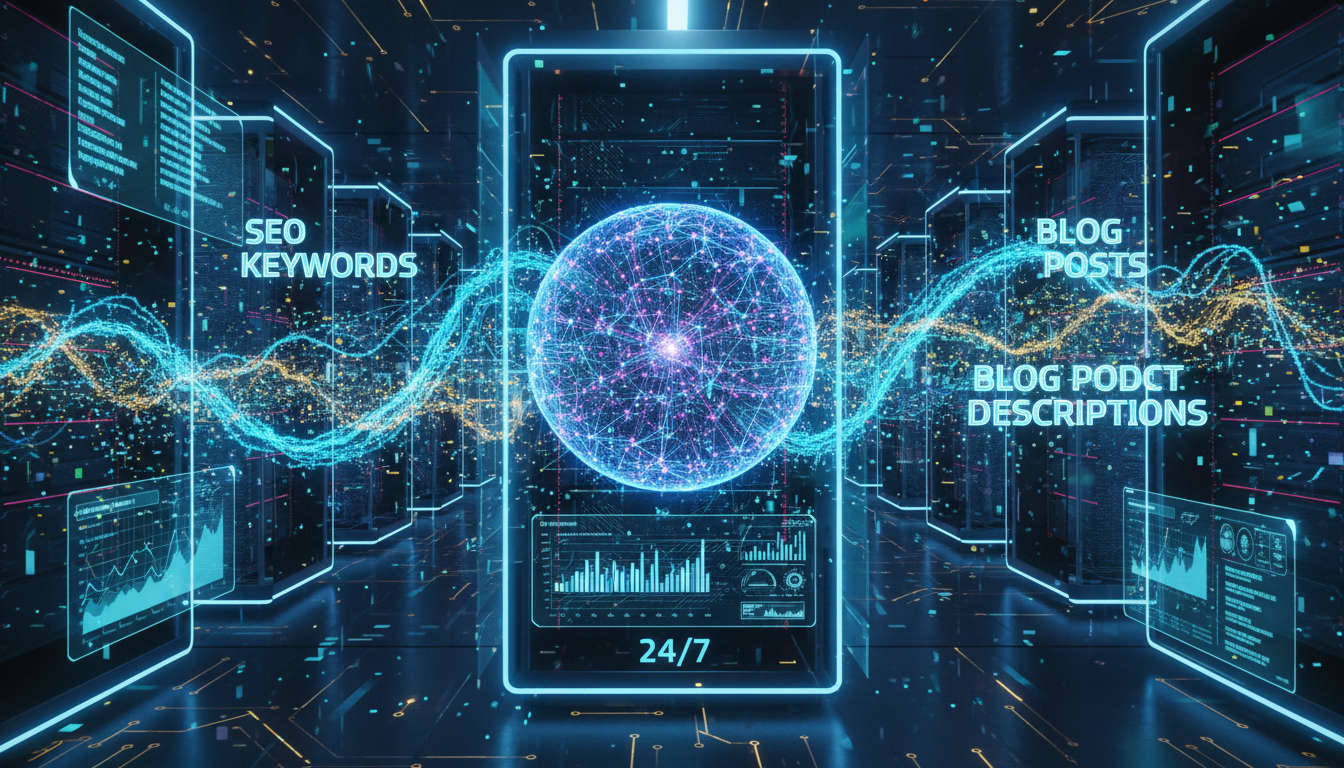 A futuristic autonomous AI agent analysing SEO keywords and generating blog posts and product descriptions with glowing digital data flow elements