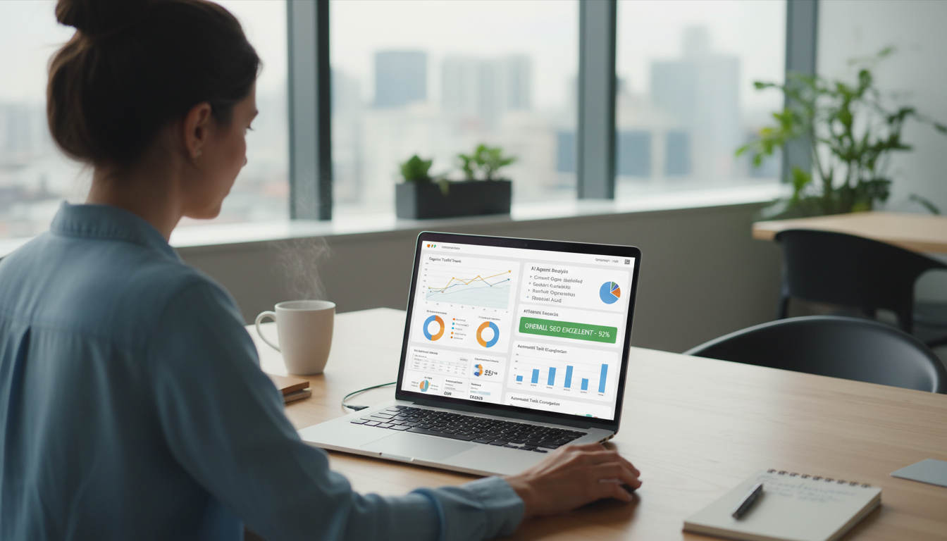 Small business owner working on laptop analysing automated weekly SEO report generated by AI agents with visible charts and data on screen, modern office background