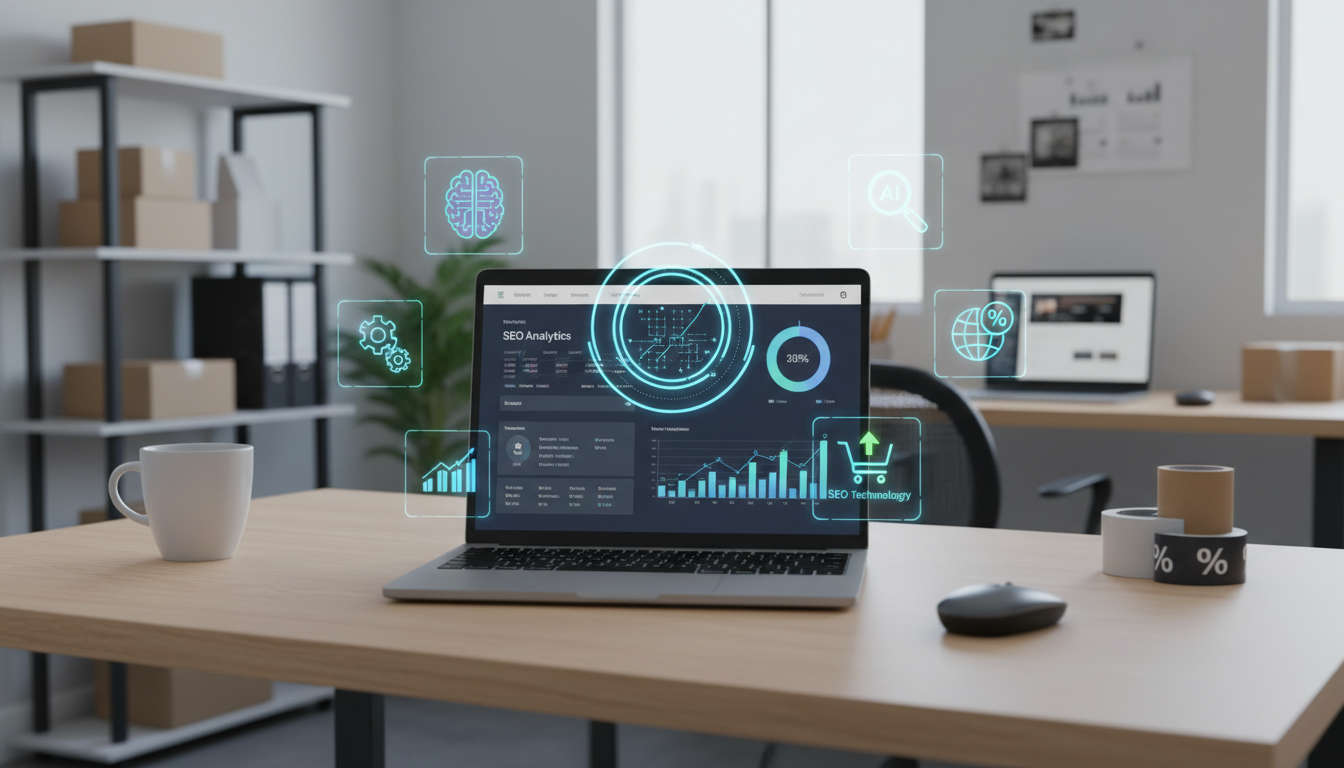 Modern workspace with laptop showing SEO analytics and digital icons for AI and automation in a small business environment