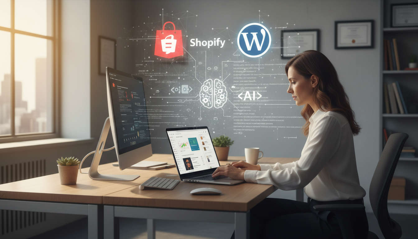 A business owner working on a laptop with Shopify and WordPress logos, representing AI-driven schema markup automation in a modern workspace