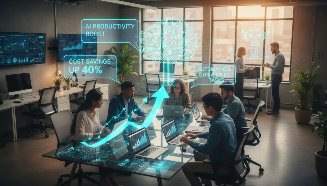 A modern small business team collaborating with AI technology overlays showcasing productivity, automation, and cost savings in a professional workspace