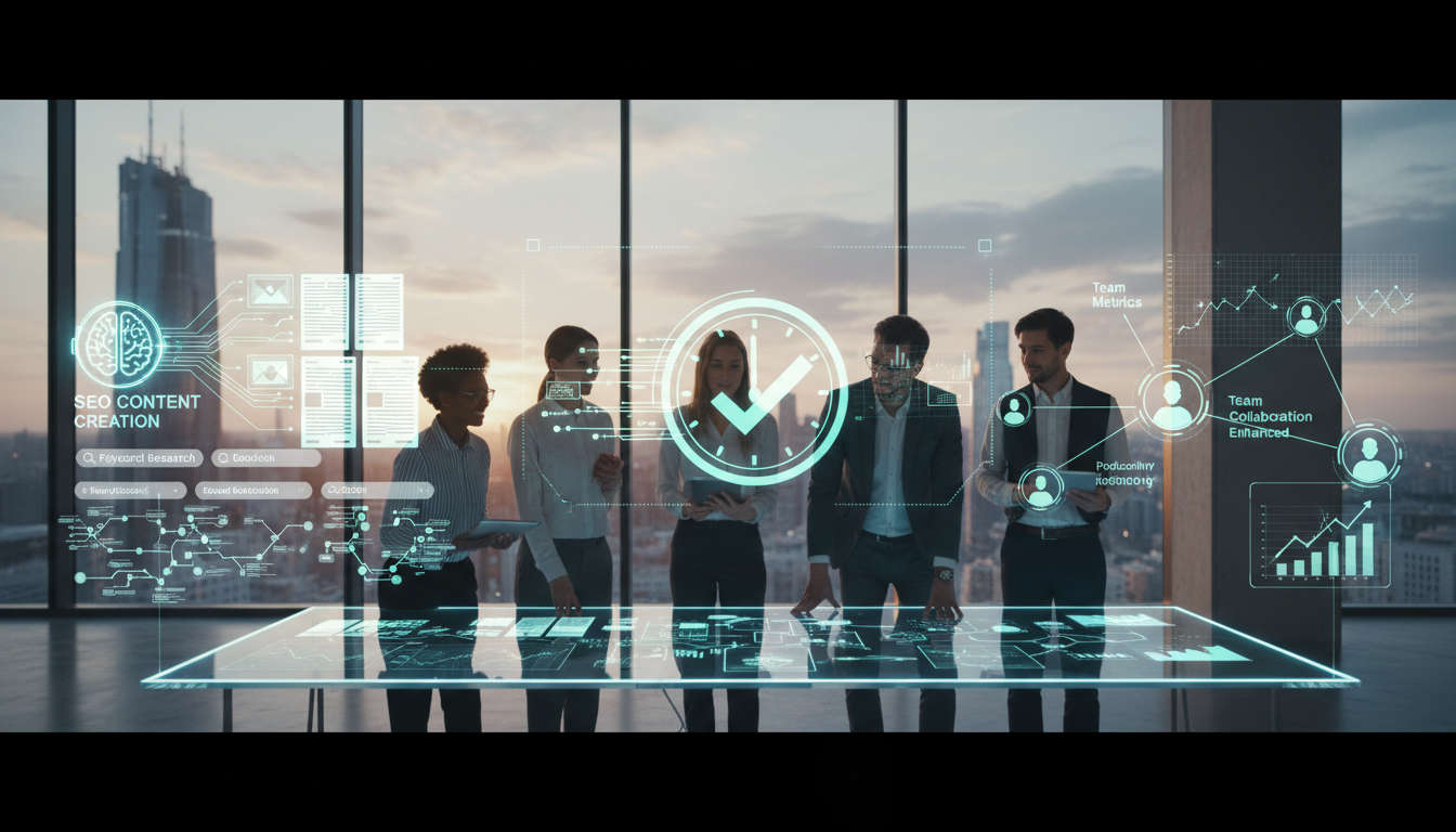 Depiction of productivity gains from AI automation, showing time savings, SEO content generation, keyword research, and team collaboration enhancement