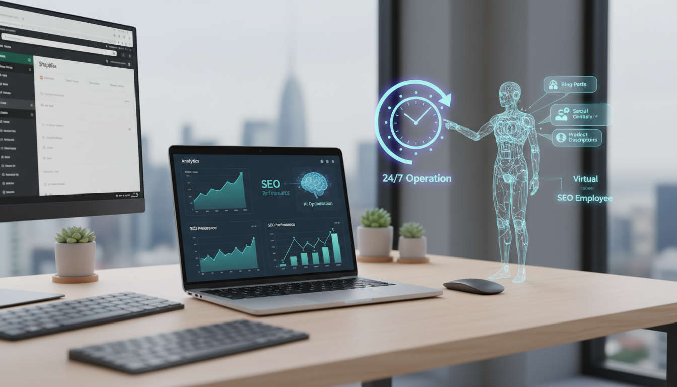 Modern Shopify store workspace with laptop showing SEO analytics and AI automation elements symbolising small business growth and 24/7 virtual AI employee assistance