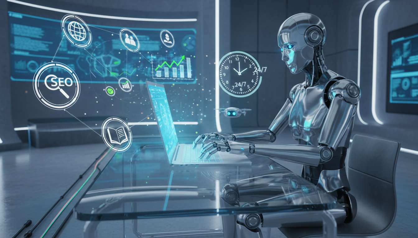 An AI virtual employee working on a laptop surrounded by icons of SEO, content publishing, graphs showing growth, and a clock showing 24/7 operation in a modern digital workspace.