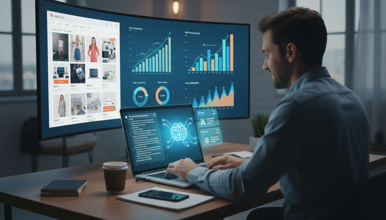 An e-commerce business owner using AI technology on a laptop to generate multiple product descriptions automatically, with a backdrop of online store visuals and SEO graphs