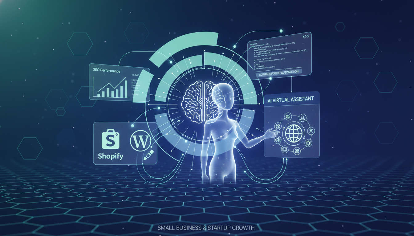 Modern digital marketing concept with AI technology and data analytics symbols representing SEO and schema markup automation for Shopify and WordPress platforms