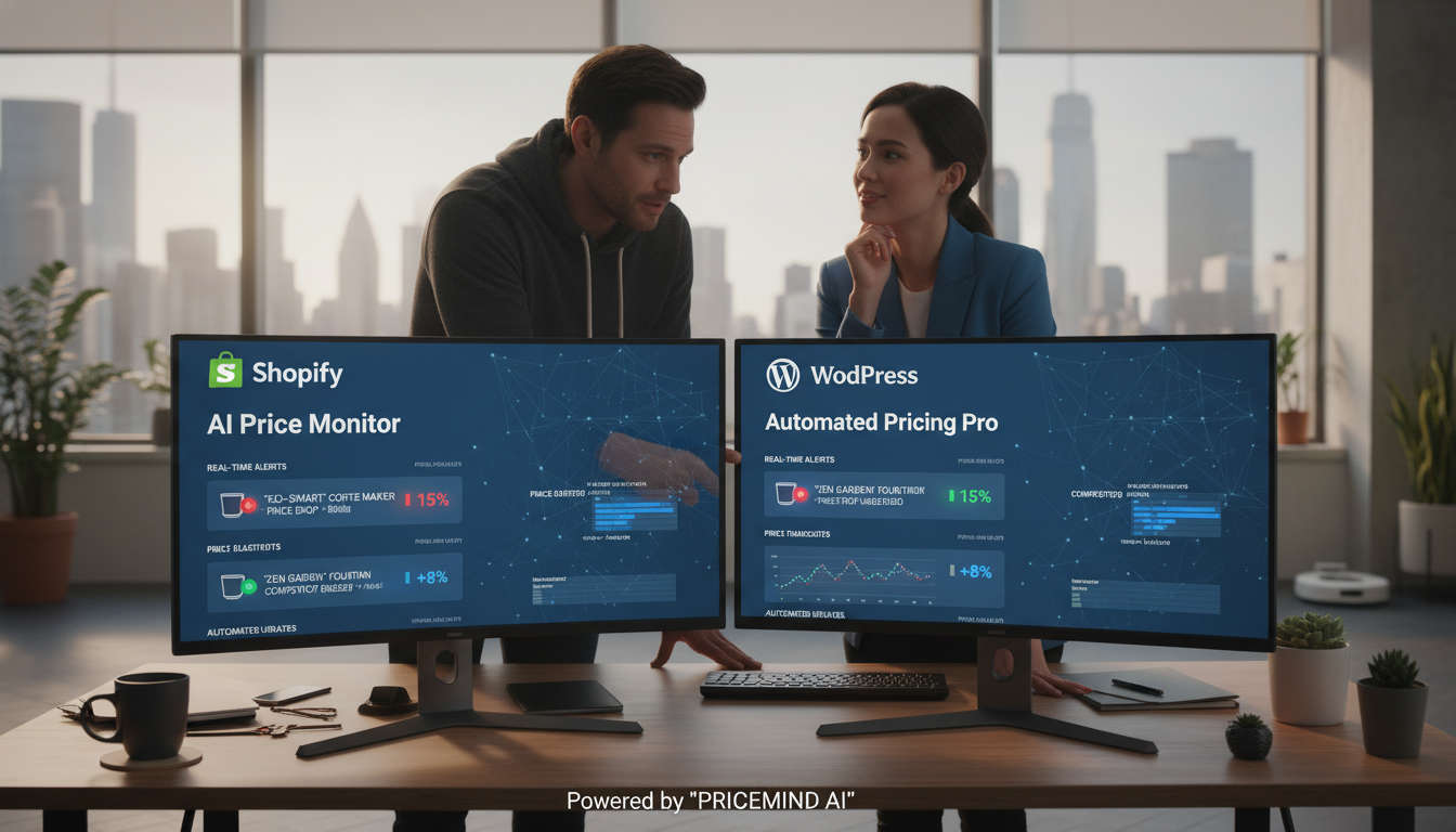 Shopify and WordPress ecommerce store owners using AI tools for automated price monitoring with a user-friendly dashboard showing real-time price alerts and automated pricing updates