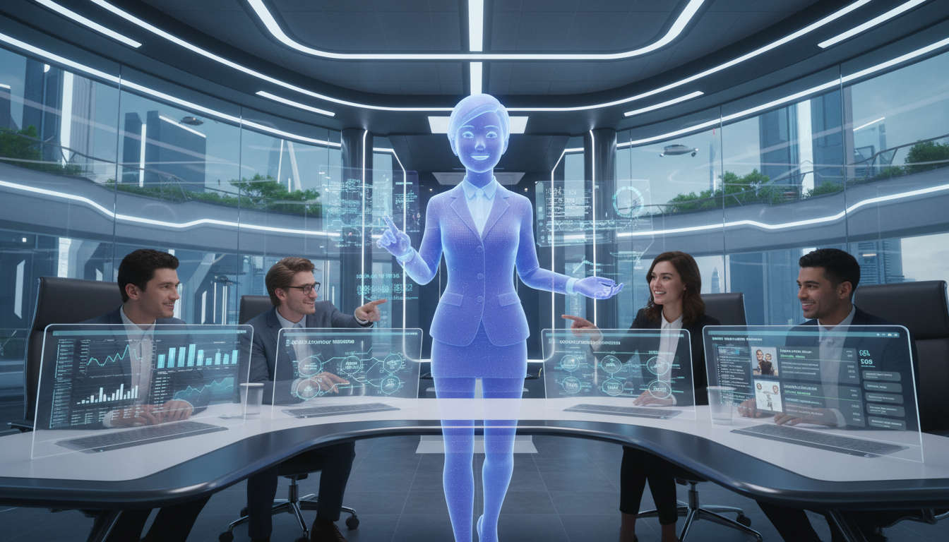 A futuristic office scene with a holographic AI virtual employee collaborating with diverse team members, displaying digital SEO and e-commerce dashboards symbolising AI-powered productivity and innovation.