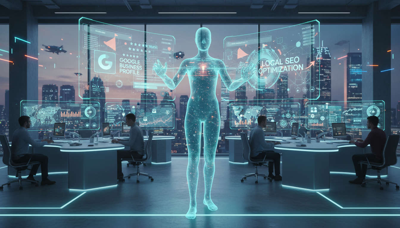 AI virtual assistant or digital agent autonomously managing Google Business Profile and local SEO tasks, futuristic interface, data flow, business environment background