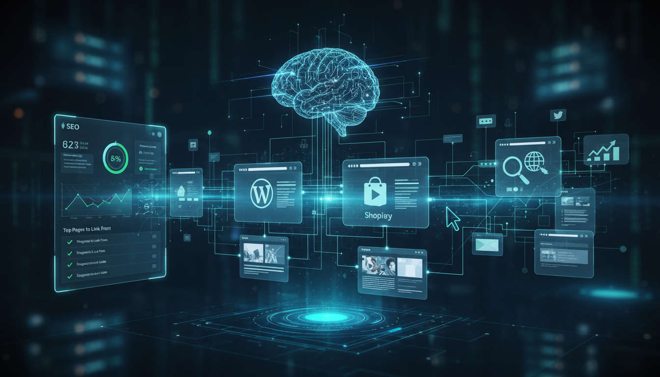 Interconnected web pages representing internal linking and SEO strategy for WordPress and Shopify websites