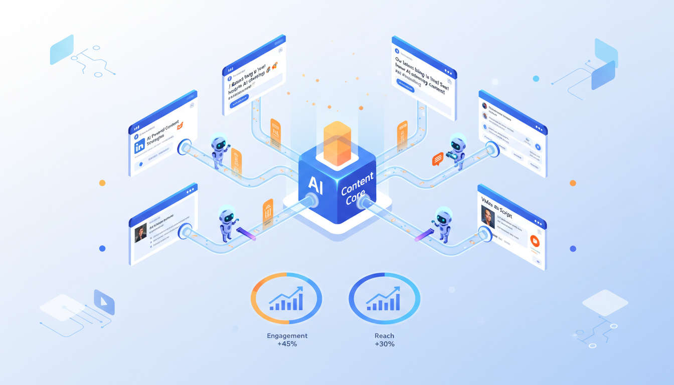 Visual representation of automated multi-channel content workflow with AI agents converting a blog post into LinkedIn posts, Facebook posts, Reddit discussions, and video scripts, showing growth and engagement charts.