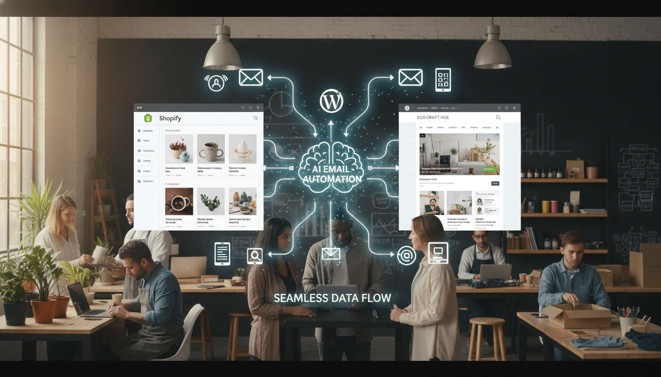 Integration of Shopify store and WordPress website with AI-driven email marketing automation, showing seamless data flow in a diverse small business setting