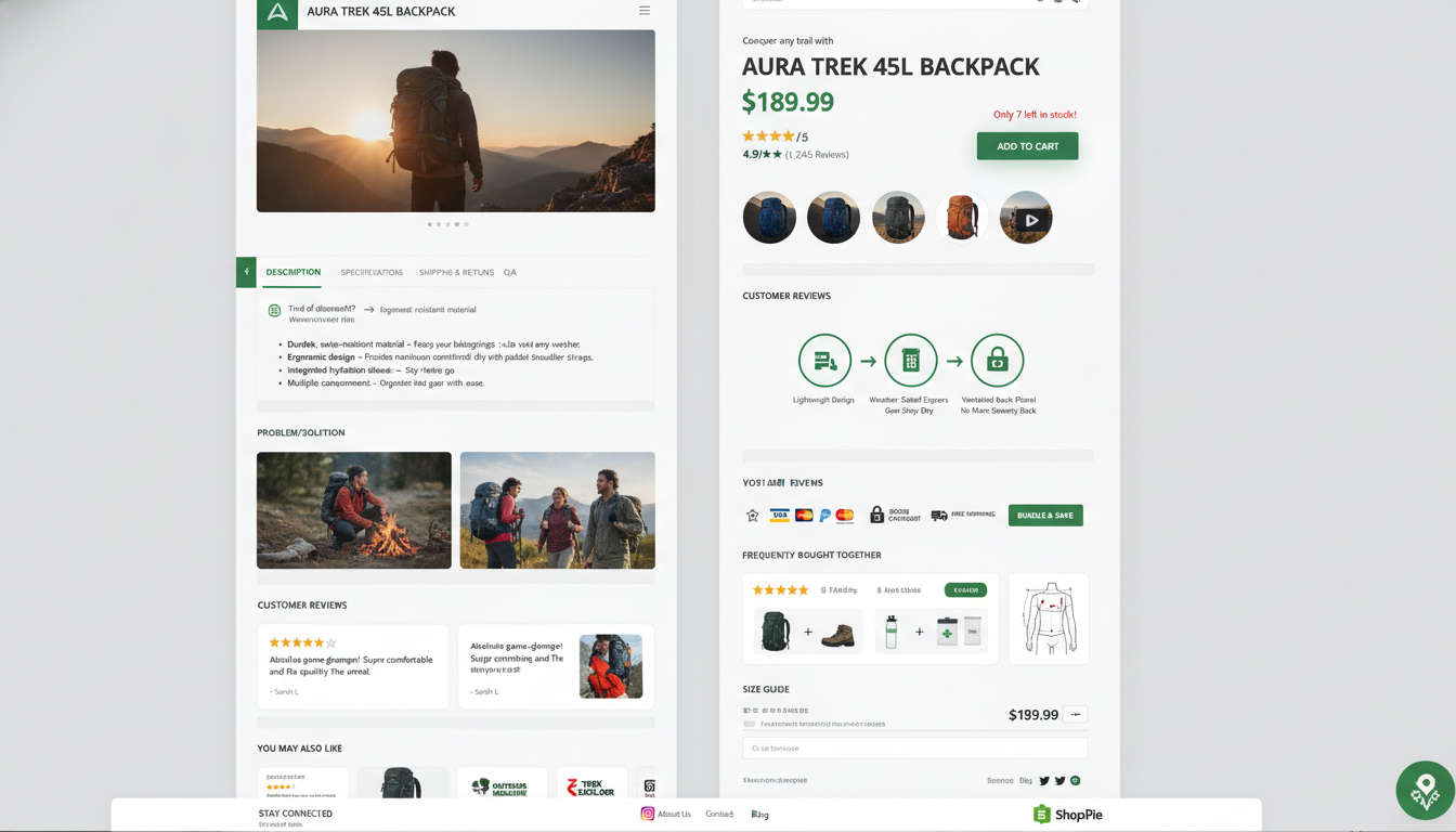 A visually appealing product page layout on Shopify or WordPress showing optimised product descriptions, bullet points, high-quality images, and conversion boost indicators