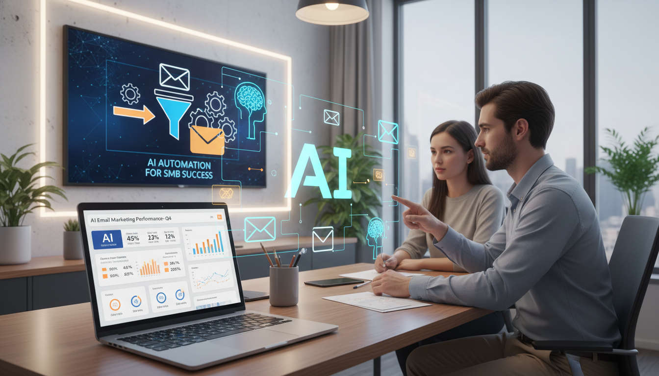 Modern small business office with digital marketing icons and AI elements illustrating email marketing automation for SMBs