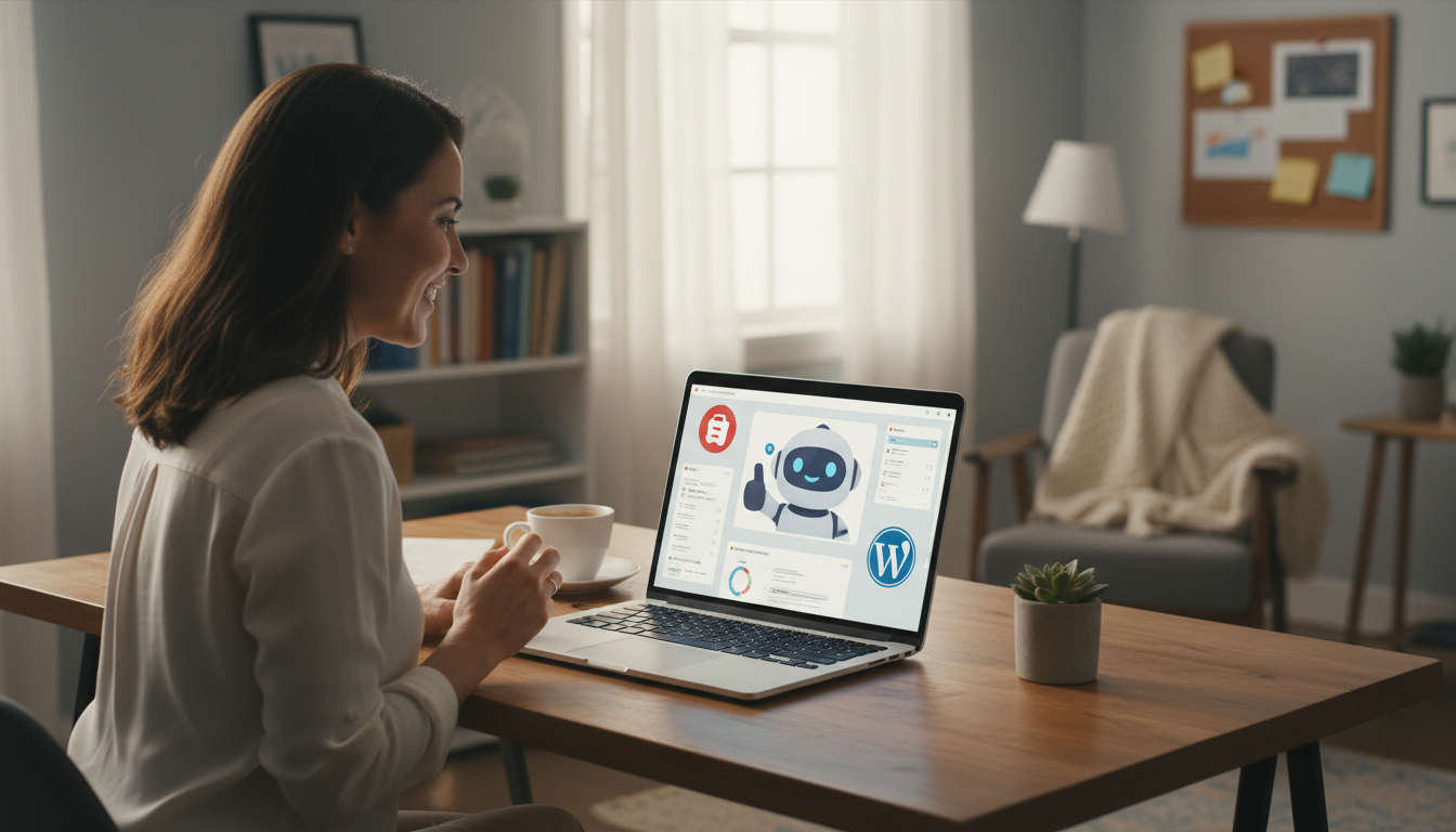 Small business owner using AI virtual employee on laptop with Shopify and WordPress logos visible, digital marketing concept, friendly workspace