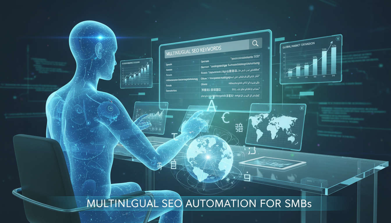 AI virtual employee researching multilingual SEO keywords with global market visuals and diverse language symbols.