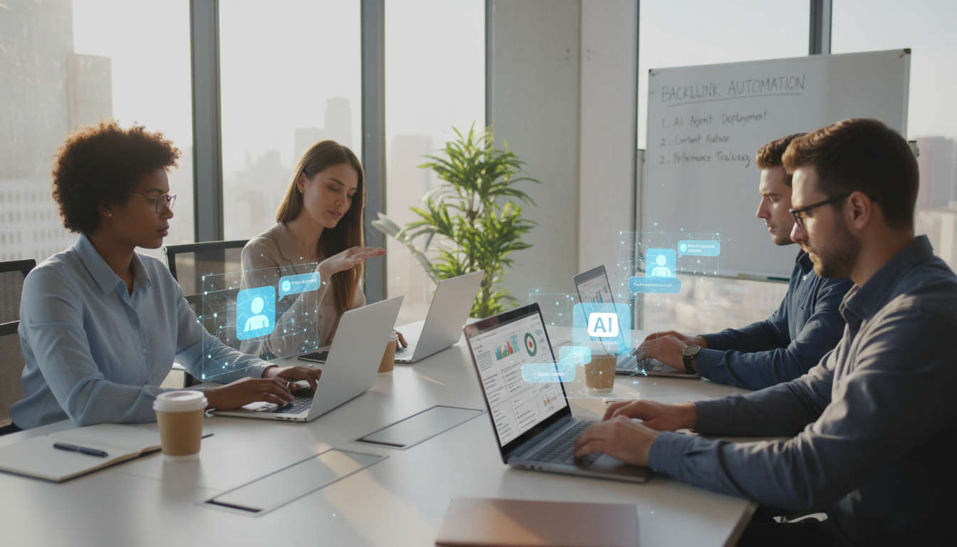 Business professionals using AI agents on laptops for backlink outreach automation in a modern office setting