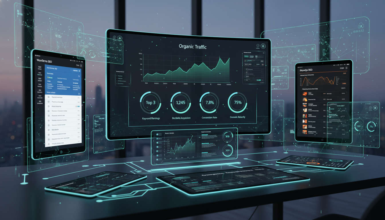 AI-powered SEO dashboard interface showing real-time performance metrics for organic traffic, keyword rankings, backlink acquisition, and conversion rates on multiple device screens including WordPress and Shopify dashboards