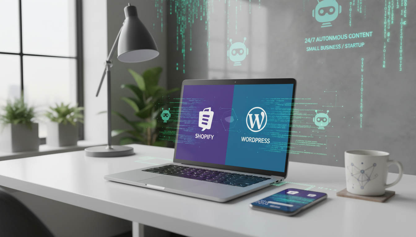 Modern digital workspace with laptop and smartphone displaying Shopify and WordPress logos, symbolising AI content automation and 24/7 autonomous content creation for small businesses and startups