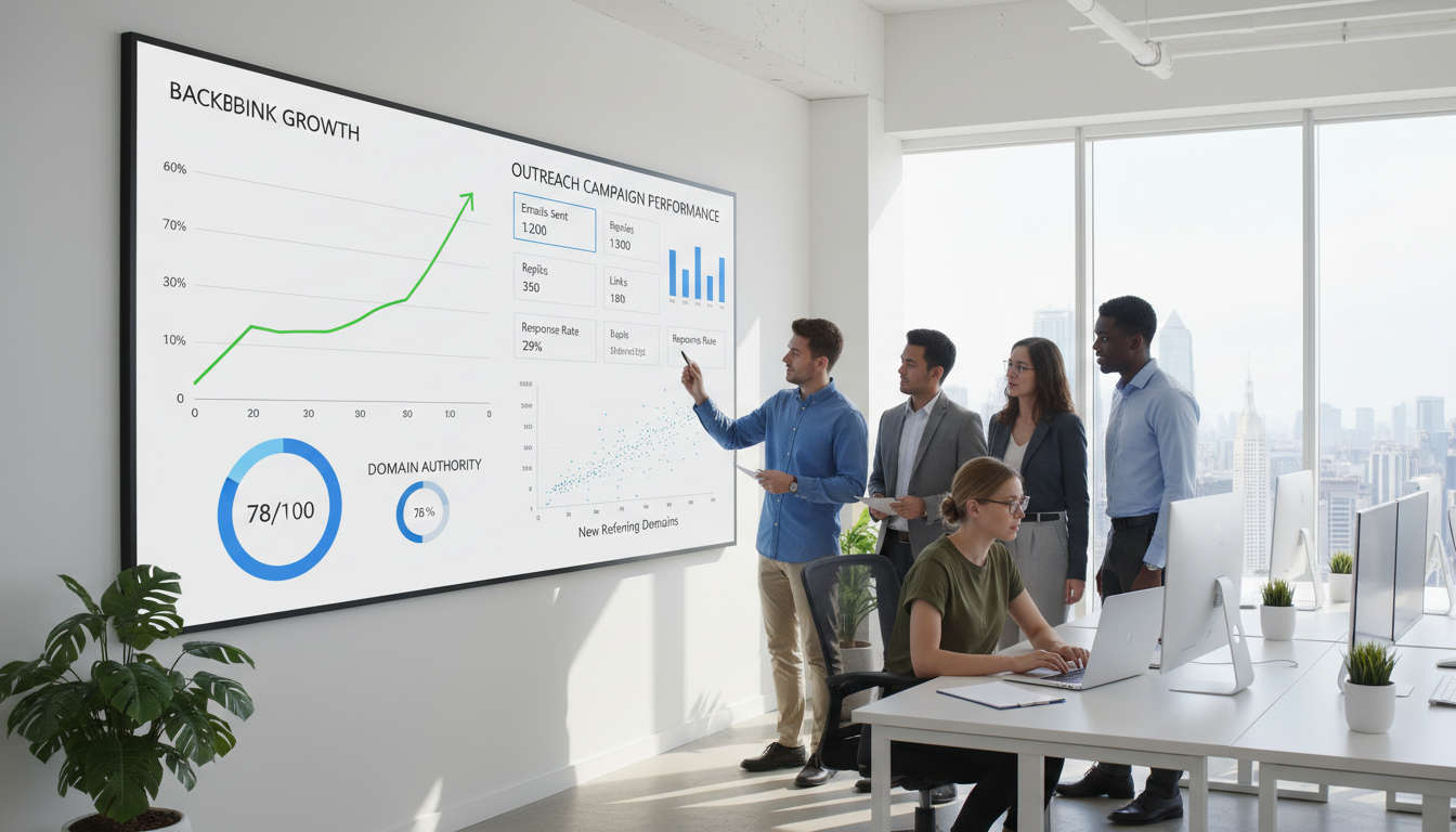Team monitoring SEO dashboard showing backlink growth, domain authority metrics, and outreach campaign performance