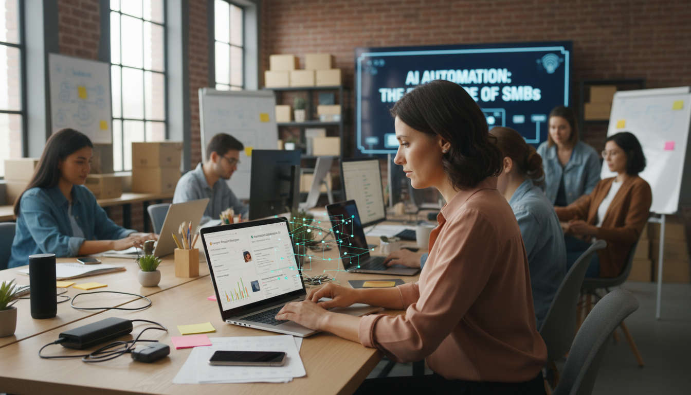 Small business owner using AI-powered automation tools on laptop, analysing Shopify and WooCommerce product descriptions on screen.