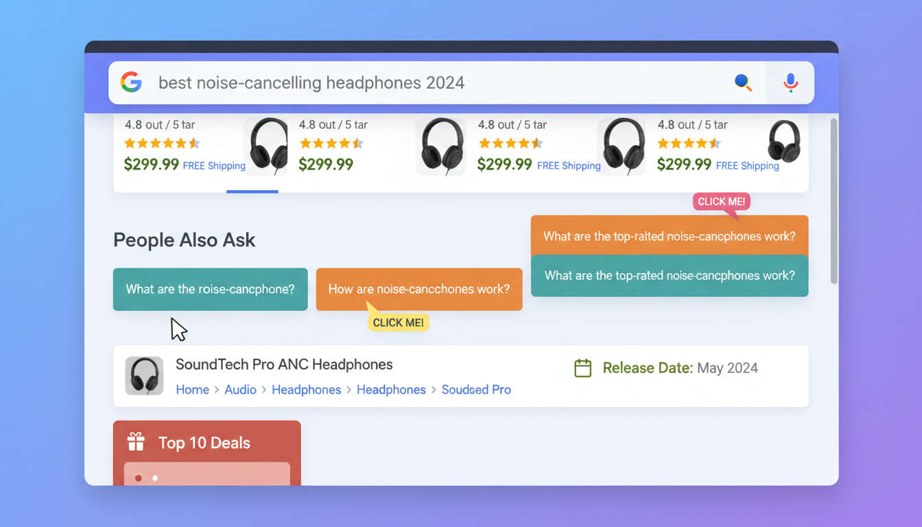 Colourful Google search results with rich snippets including star ratings, prices, FAQs, and breadcrumbs, highlighting increased click-through rates and visibility