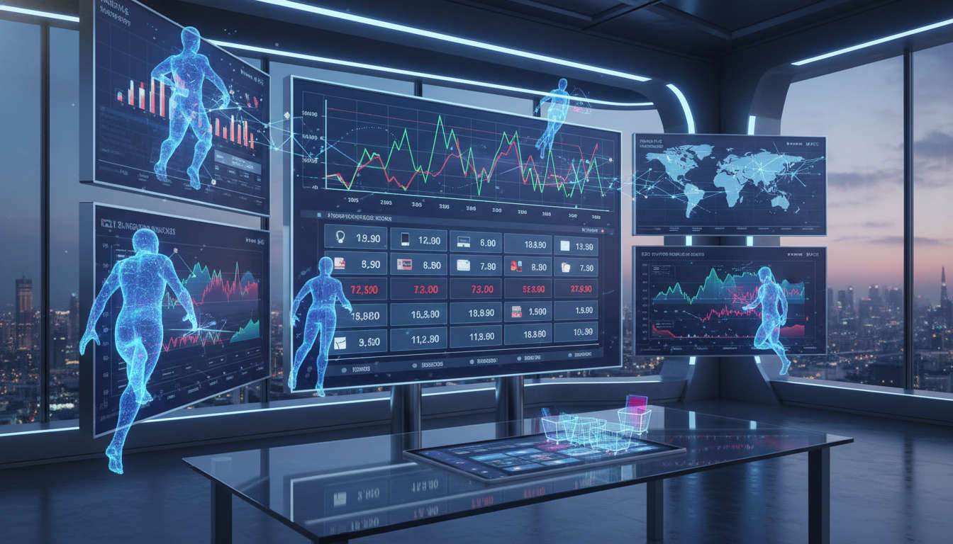 Futuristic ecommerce setting with AI virtual agents automating competitor price monitoring, digital graphs, and online shopping elements representing continuous business competitiveness and automation.