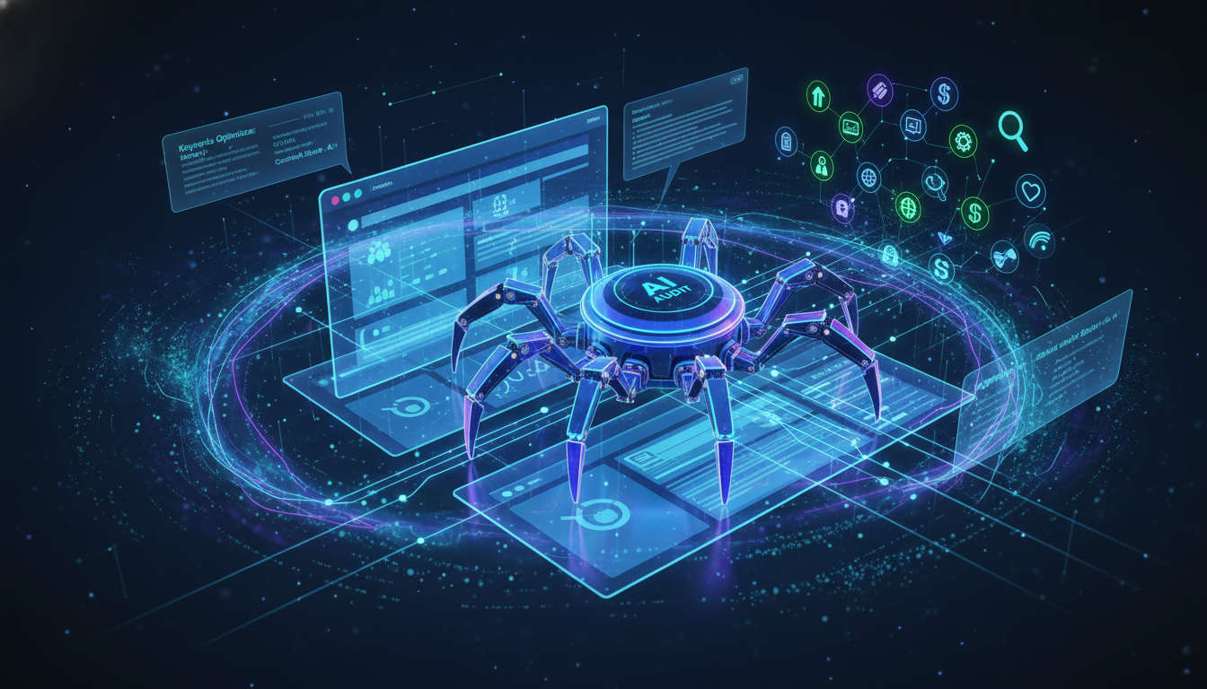 AI autonomous SEO audit agent digitally scanning and analysing website pages with futuristic SEO icons in the background.