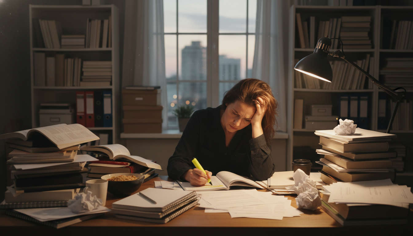 A freelance writer working late at a desk surrounded by piles of notebooks and papers, highlighting the high cost and effort of content creation.
