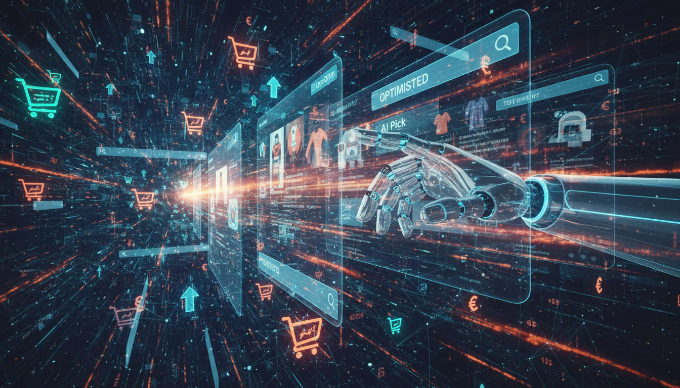 Futuristic robot hand interacting with digital product descriptions on transparent screens in an online marketplace, symbolising AI-powered e-commerce optimisation and automation