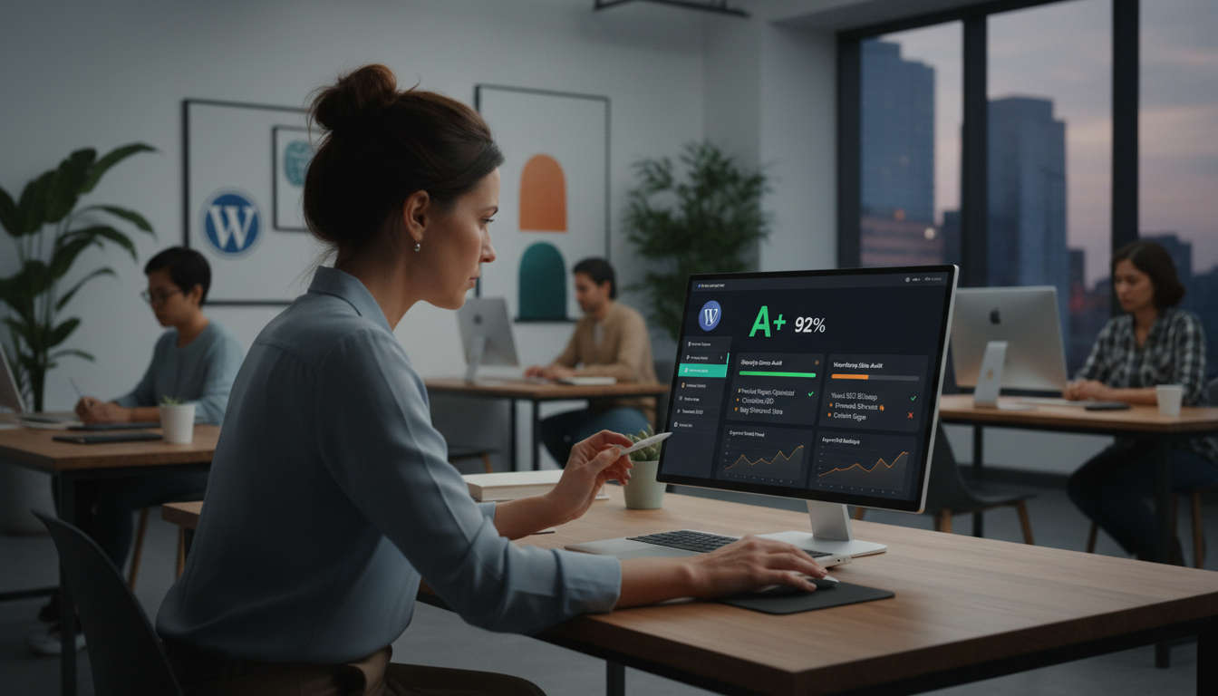 A small business owner looking at a laptop screen displaying an automated SEO audit dashboard for Shopify and WordPress in a modern office environment.