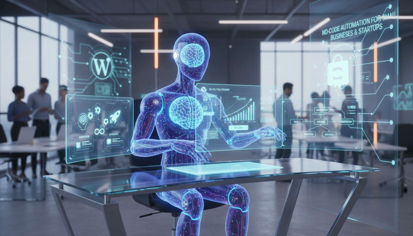 Modern AI virtual employee creating SEO content with digital workspace displaying analytics and blog publishing, highlighting no-code automation for WordPress and Shopify integration in a diverse business environment.