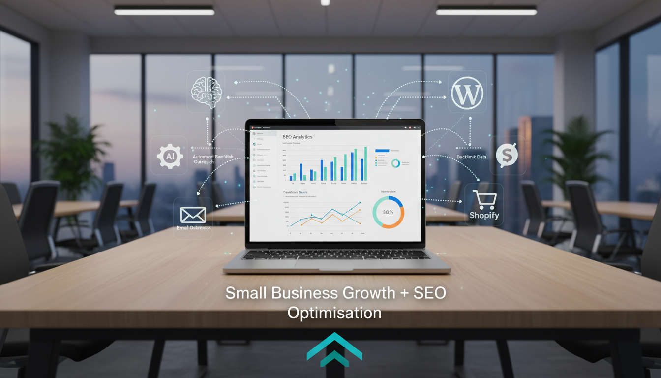 Modern office workspace with laptop showing SEO analytics and backlink data, surrounded by digital icons depicting AI automation and WordPress & Shopify integration for SMB backlink outreach and SEO growth.