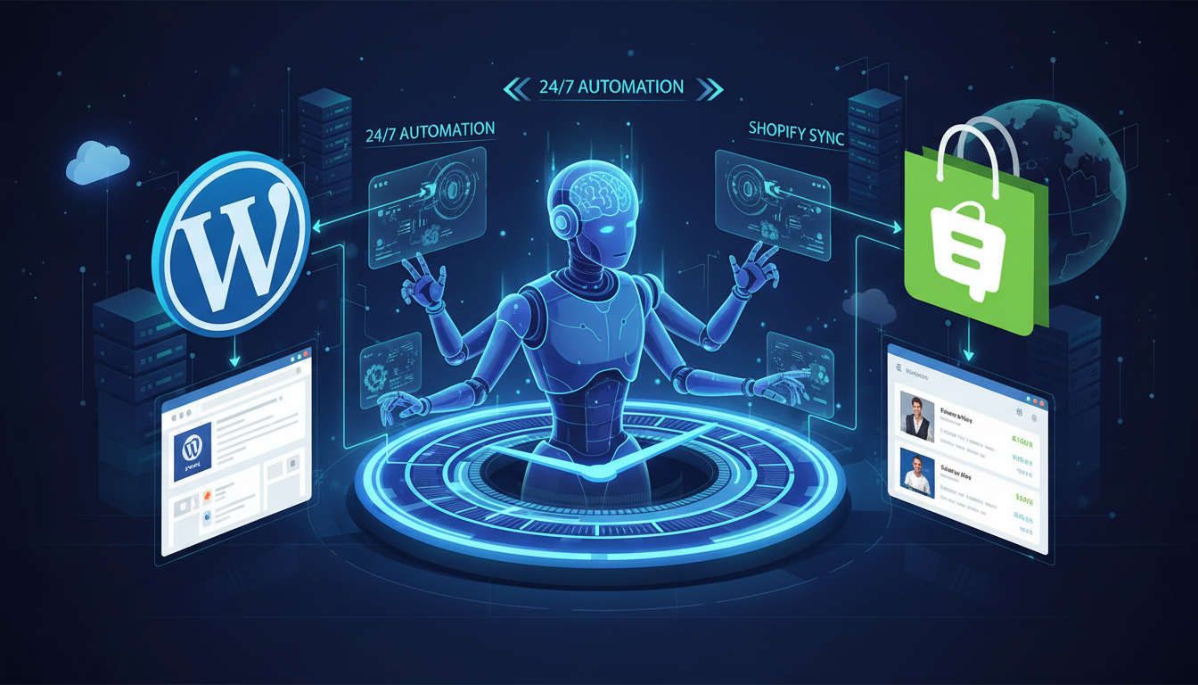 Illustration of AI virtual employee working 24/7, integrating with WordPress and Shopify platforms, showing seamless automation and workflow