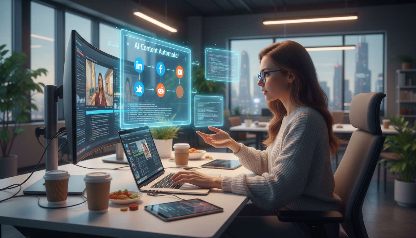 Small business owner using AI agents on a laptop, multitasking and automating social media content repurposing for LinkedIn, Facebook, Reddit, and video platforms in a modern tech office.